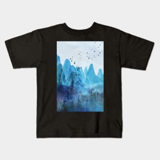 Turquoise Blue Mountainscape w Pine Forests Kids T-Shirt